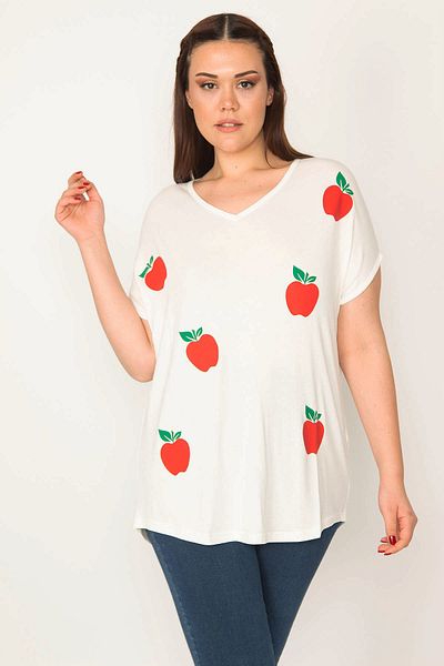 Şans Women's Large Size Bone Printed V-Neck Low Sleeve Blouse 65n27641