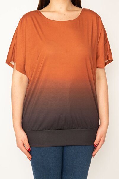 Şans Women's Plus Size Orange Tie-Dye Patterned Low Sleeve Blouse with Skirt Tip Band 65n30615