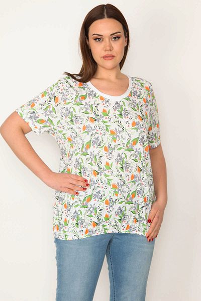 Şans Women's Large Size Bone Cotton Fabric Crew Neck Elastic Hem Floral Print Blouse 65n32226