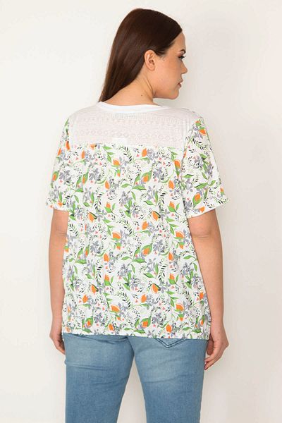 Şans Women's Large Size Bone Cotton Fabric Crew Neck Elastic Hem Floral Print Blouse 65n32226