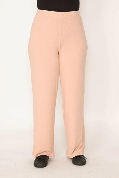 Şans Women's Large Size Powder Waist Elastic Self-Striped Trousers 65n32351