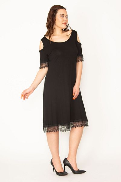 Şans Γυναικείο Large Size Μαύρο Φόρεμα Δαντελένιο Off-Shoulder 65n32519