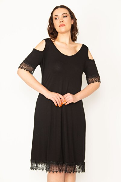 Şans Women's Large Size Black Off-Shoulder Lace Dress 65n32519