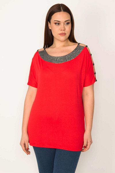 Şans Große Damen-Bluse aus Lycra-Viskose mit tiefem Ausschnitt, roter Schulterpartie und Glitzerdetails, 65n32779