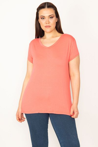 Şans Women's Large Size Pink V-Neck Short Sleeve Blouse 65n32381