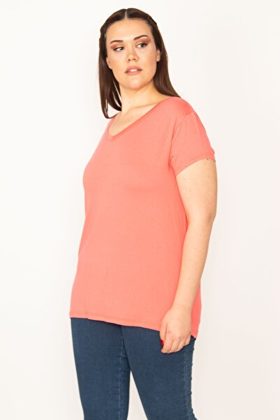 Şans Women's Large Size Pink V-Neck Short Sleeve Blouse 65n32381