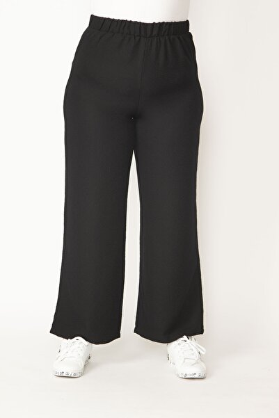 Şans Women's Large Size Black Elastic Waist Trousers 65n32153