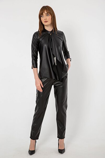 Laranor Siyah Şal Yaka Agraflı Truvakar Kol Ince Suni Deri Hırka