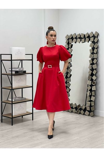 giyimmasalı Satin Fabric Midi Dress with Belt Detail - Red