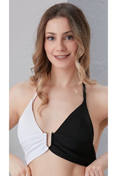 YB Moda Siyah Beyaz Tulumlu U Aksesuar Detaylı Şık Bikini Üstü