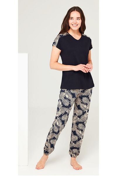 Mod Collection Women's Navy Blue Tropical Pattern Pajama Set