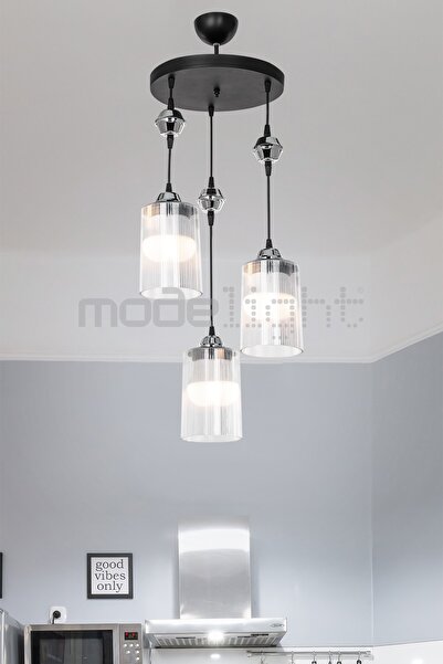 Modelight Ceylin 3lü Siyah Optik Şeffaf Camlı Avize