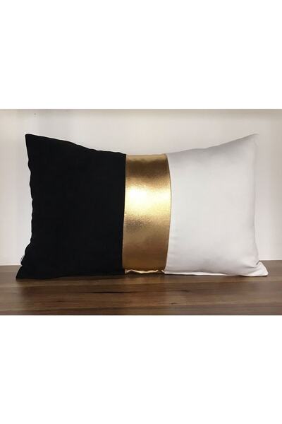 KIRLENTİM غطاء وسادة رمي بشريط رقائق ذهبية رفيعة باللونين الأبيض والأسود - 5030