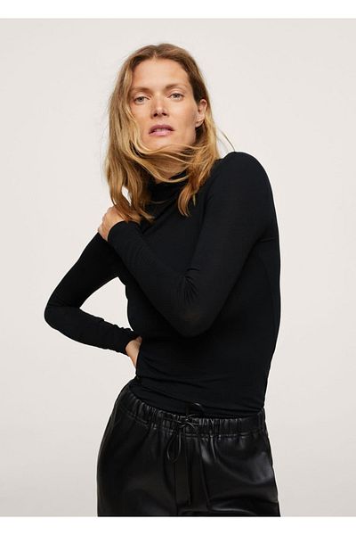 MANGO Woman Tricou negru cu mânecă lungă pentru damă
