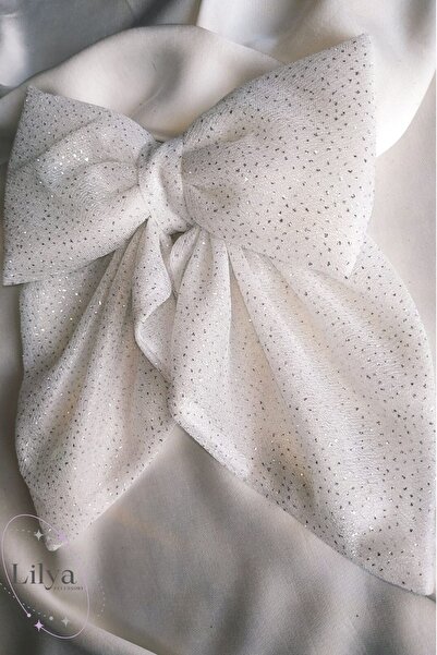 TOKALİLYA Kadın Saten Abiye Beyaz Pırıltılı Fiyonk Klips Toka