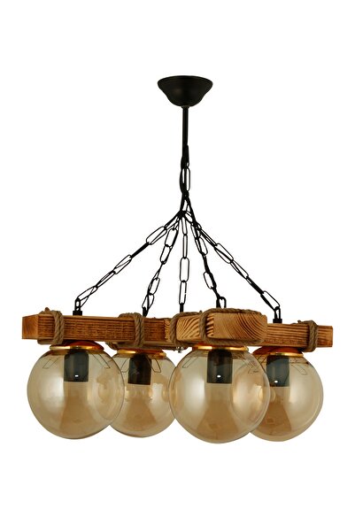 ŞL Şef Light Otantik Ahşap Dörtlü Sarı Glop Camlı Avize