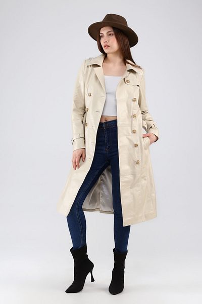 CE-YIL DERİ ÜRÜNLERİ Genuine Leather Beige Overcoat