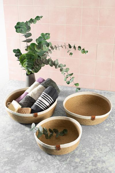 Homever Комплект от 3 кръгли кошници от юта с бели райета - декоративни за баня и кухня