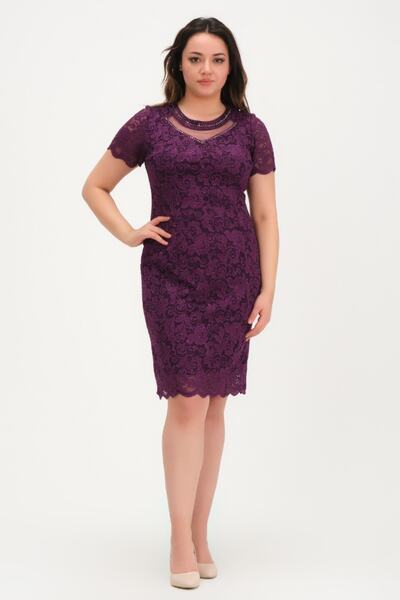 Oktay Küpür Mürdüm Renkli Astarlı Tül Yaka Taşlı Aksesuar Abiye Elbise