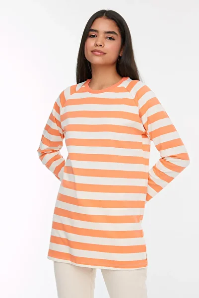 Trendyol Modest Oranžová pruhovaná tunika ke krku 100% bavlna TCTSS22TN00002