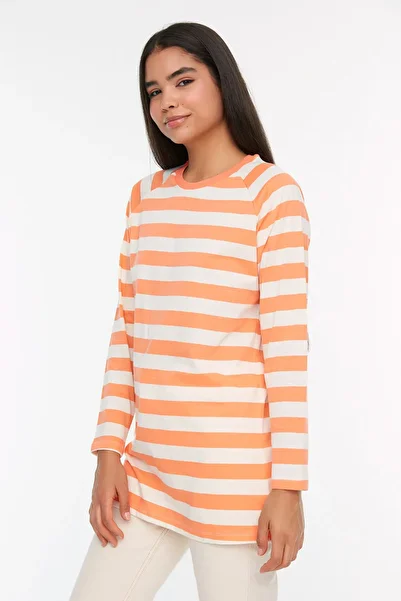 Trendyol Modest Oranžová pruhovaná tunika ke krku 100% bavlna TCTSS22TN00002