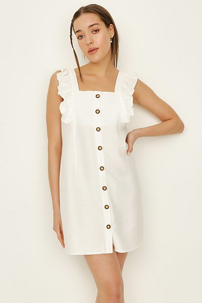 Select Moda Rochie de damă, albă, cu mâneci cu volan, cu guler pătrat