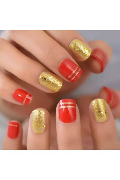EDA LUXURY BEAUTY 24'lü Kırmızı Simli Altın Takma Tırnak Lüks Çizgi Desenli Kısa Boy Kare Nail Art Yapıştırıcılı Set