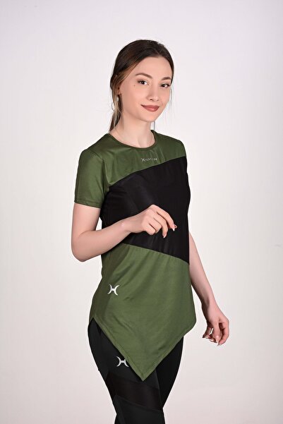 HALVMAN Kadın Spor Kısa Kol T-shirt Haki/siyah
