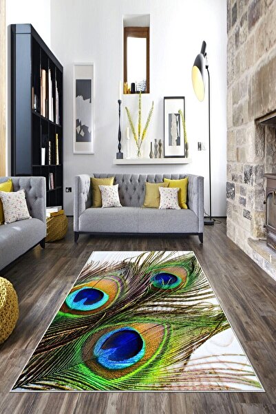 on the clouds Yeşil Tavus Kuşu Tüyü Desenli Yıkanabilir Kaymaz Taban Leke Tut...