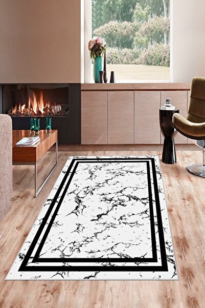 on the clouds Beyaz Mermer Desen Siyah Çerçeve Yıkanabilir Kaymaz Taban Leke ...