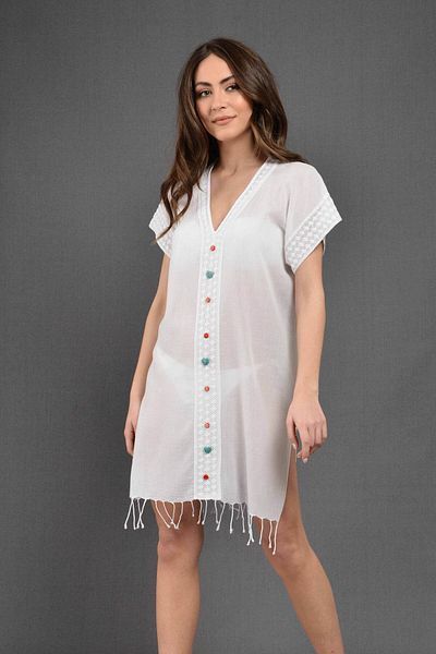 Dosimira Lace Heart Turquoise/coral Natural Stone 100% Cotton Collar Pareo / Beach Dress