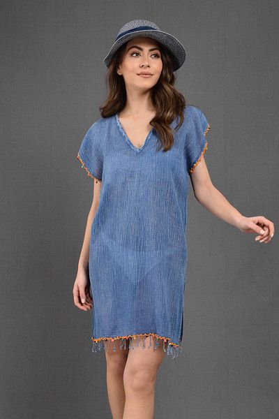 Dosimira Grinding Denim Indigo 100% Cotton Handcrafted Beaded Collar Pareo / Beach Dress