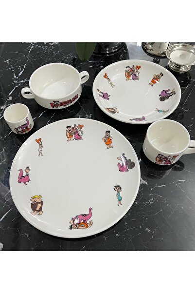 TEBAK COLLECTION Taş Devri Desen Porselen 5 Parça Çocuk Yemek Takımı Mama Seti