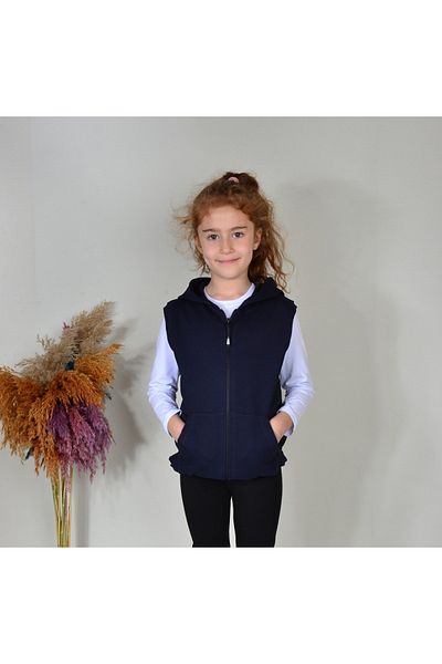 KİDSPİTİRCİK Unisex Kids Navy Blue Zippered Hooded 2 Thread Combed Cotton Vest