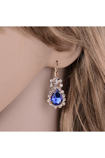 Takıtolia Aurora Crystal Navy Blue Stone Water Drop Pendant Earrings And Gift Wedding Jewelry Set With Adjustable Rings