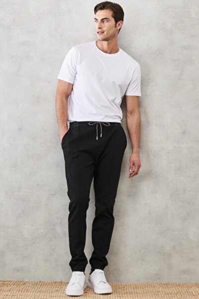 ALTINYILDIZ CLASSICS Ανδρική μαύρη κανονική φόρμα από βαμβακερό παντελόνι