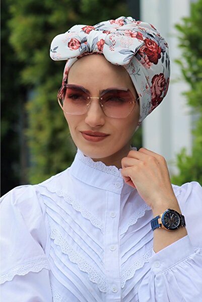 Amisos Bone Şal Hazır Tesettür Giyim Desenli Fiyonklu Çift Taraflı Bone Gül D...