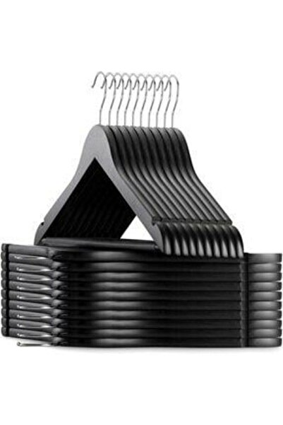 Lira 48 Adet Ahşap Görünümlü Plastik Askı Siyah Elbise Gömlek Pantolon Askısı