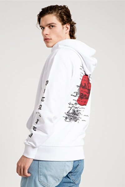 JAHR MARC Men's White Dragon Printed White Oversize Sweatshirt