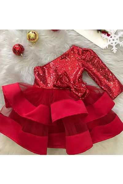 mashokids Rochie de seara cu paiete rosie cu paiete cu un singur umar - Rochie de seara pentru copii Rochie scurta rosie cu tul panglica