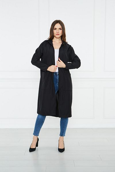 comstar Women's Hooded Water Repellent Zipper Black Long Trench Coat