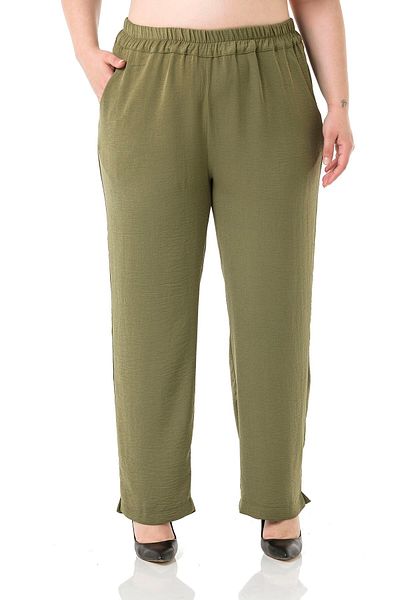 DISENTIS MODEST Linen Aerobin Khaki Trousers - Plus Size, Elastic Waist, Pocket and Slit Leg