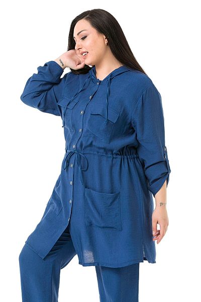 DISENTIS MODEST Large Size Indigo Aerobin Jacket - Hooded, Tunnel Waist, Pockets and Side Slits