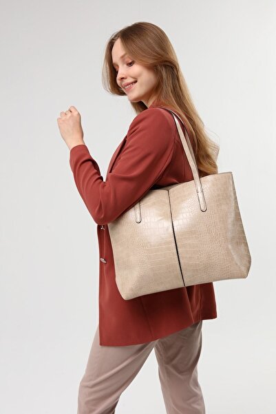 Luvenis Geantă de mână și de umăr pentru femei, cu model de crocodil, de culoare crem