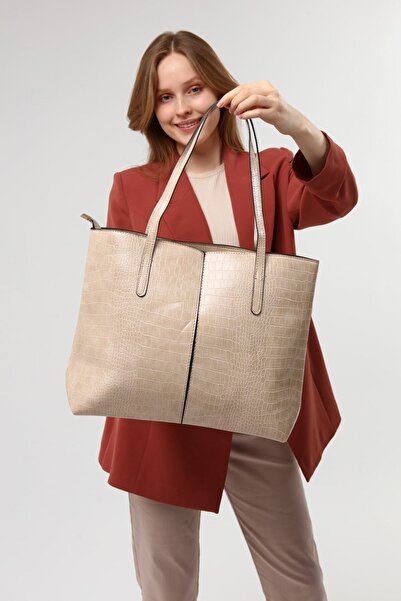 Luvenis Geantă de mână și de umăr pentru femei, cu model de crocodil, de culoare crem