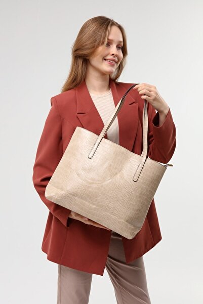 Luvenis Geantă de mână și de umăr pentru femei, cu model de crocodil, de culoare crem