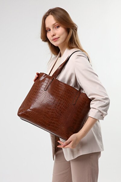 Luvenis حقيبة يد وكتف كبيرة الحجم بنمط تمساح للسيدات بلون أسمر