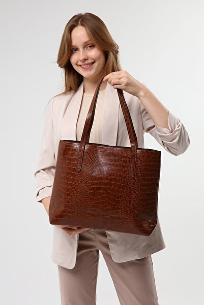 Luvenis حقيبة يد وكتف كبيرة الحجم بنمط تمساح للسيدات بلون أسمر
