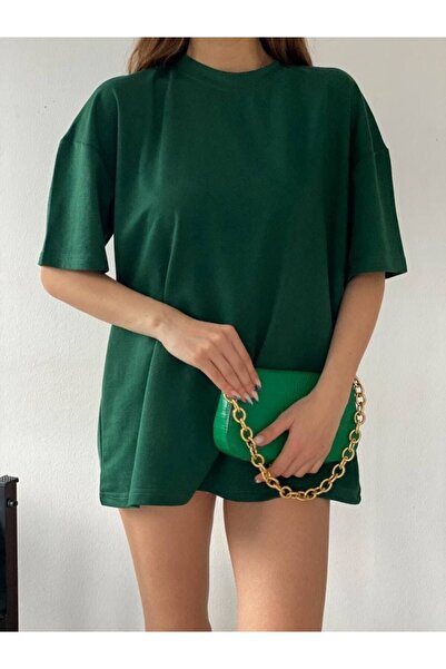 JAKARLI Unisex smaragdno zelena pamučna oversize majica - okrugli izrez