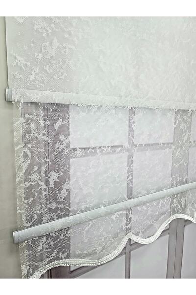 BBB Bulut Desenli Çift Mekanizmalı Tül Stor Perde Ekru Mt3048